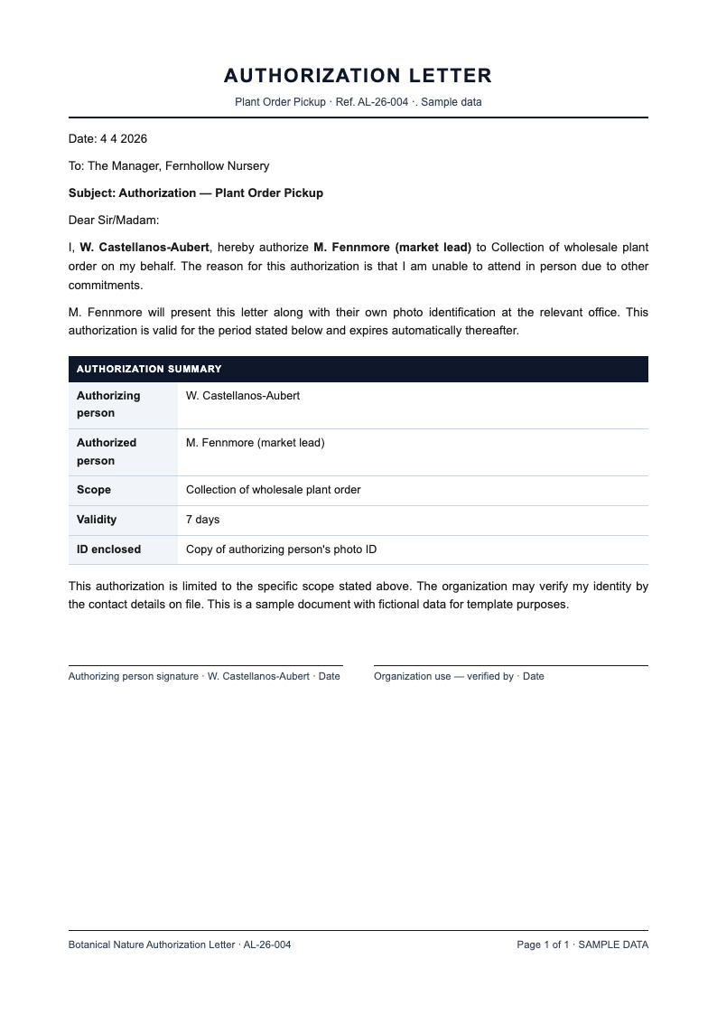 Botanical nature authorization letter